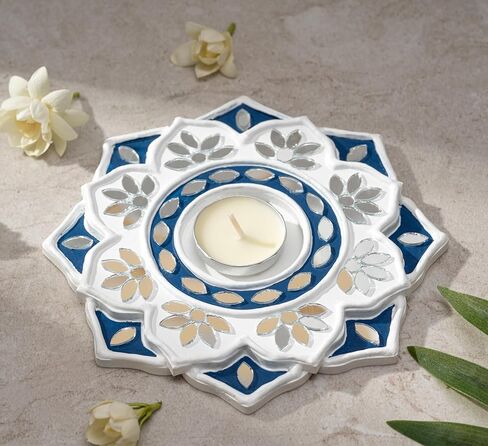 حامل شموع الشاي الخفيف من IndoTribe - 6 بوصة، حامل شموع Lippan Tealight باللونين الأزرق والأبيض | حامل إضاءة على شكل حرف T لديكورات ديوالي للمنزل، غانيش بوجا، ديكورات الزفاف الهندية in Kuwait