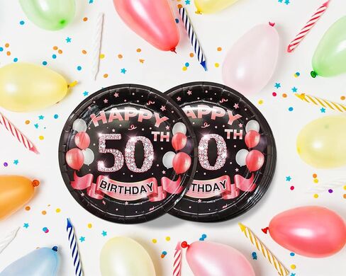 50th Birthday Plates Black and Gold Dessert, Buffet, Cake, Lunch, Dinner Plates for 50th Birthday Decorations Party Supplies, Happy 50th Birthday! 50 Count, 9" Plate Design for 50th Birthday Party in Kuwait