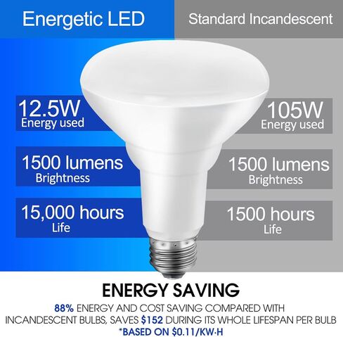 ENERGETIC LED Recessed Light Bulbs BR30, 105W Equivalent, 1500LM, Dimmable, Warm White 3000K, Indoor Flood Lights for Recessed Cans, UL Listed, 6 Pack in Saudi Arabia