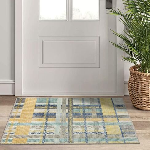 DECOMALL NELE Washable Door Mat 2x3, Modern Plaid Non-Slip Small Rugs for Entrance, Yellow 24x36 inch in Saudi Arabia