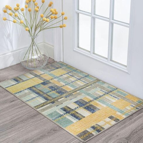 DECOMALL NELE Washable Door Mat 2x3, Modern Plaid Non-Slip Small Rugs for Entrance, Yellow 24x36 inch in Saudi Arabia