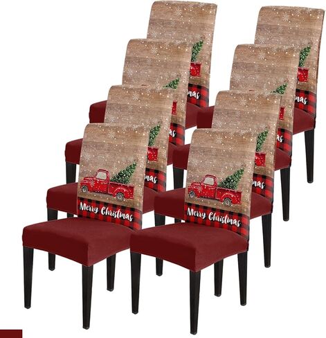 Savannan Merry Christmas Dining Chair Slipcover, Truck Tree Vintage Board Wood Grain Buffalo Check Stretch Covers Removable Parsons Protector for Kitchen Room Banquet Party, Set of 4 Carsan3372 in Kuwait