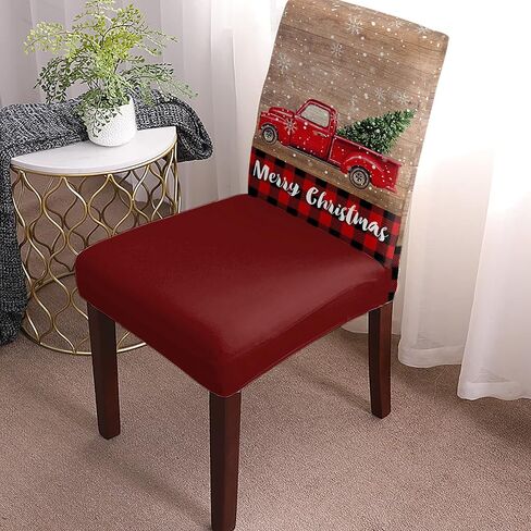 Savannan Merry Christmas Dining Chair Slipcover, Truck Tree Vintage Board Wood Grain Buffalo Check Stretch Covers Removable Parsons Protector for Kitchen Room Banquet Party, Set of 4 Carsan3372 in Kuwait