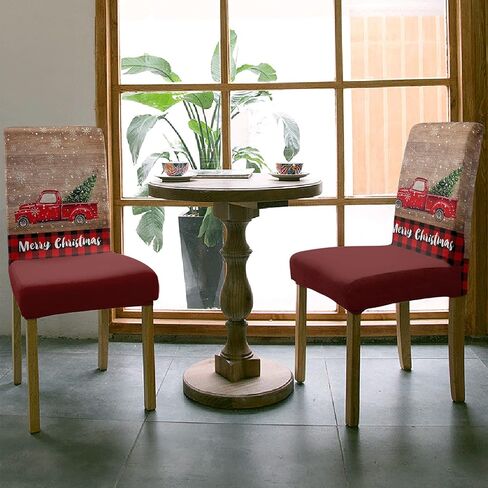 Savannan Merry Christmas Dining Chair Slipcover, Truck Tree Vintage Board Wood Grain Buffalo Check Stretch Covers Removable Parsons Protector for Kitchen Room Banquet Party, Set of 4 Carsan3372 in Kuwait
