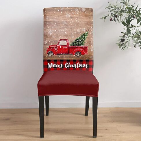 Savannan Merry Christmas Dining Chair Slipcover, Truck Tree Vintage Board Wood Grain Buffalo Check Stretch Covers Removable Parsons Protector for Kitchen Room Banquet Party, Set of 4 Carsan3372 in Kuwait