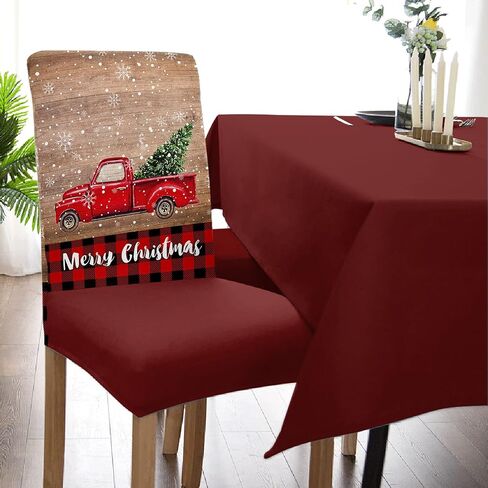 Savannan Merry Christmas Dining Chair Slipcover, Truck Tree Vintage Board Wood Grain Buffalo Check Stretch Covers Removable Parsons Protector for Kitchen Room Banquet Party, Set of 4 Carsan3372 in Kuwait