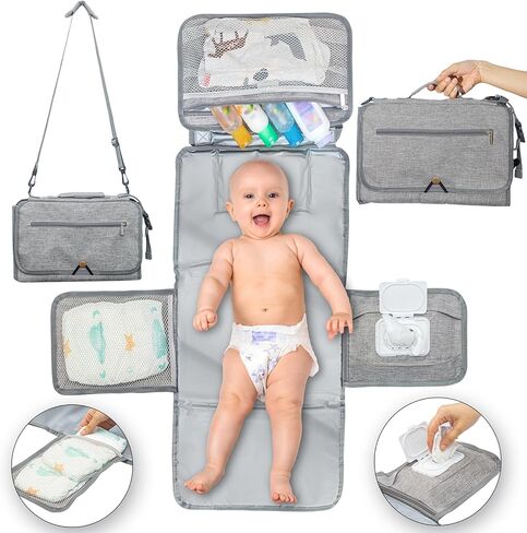 وسادة تغيير حفاضات محمولة من ليتل لاينر مع حزام كتف، 68.58 سم × 31.5 سم - وسادة تغيير حفاضات محمولة مع جيوب للمناديل ووسادة للرأس - وسادة تغيير حفاضات مبطنة بالكامل ومقاومة للماء للسفر للأطفال (رمادي) in Kuwait