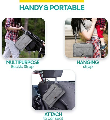 وسادة تغيير حفاضات محمولة من ليتل لاينر مع حزام كتف، 68.58 سم × 31.5 سم - وسادة تغيير حفاضات محمولة مع جيوب للمناديل ووسادة للرأس - وسادة تغيير حفاضات مبطنة بالكامل ومقاومة للماء للسفر للأطفال (رمادي) in Kuwait