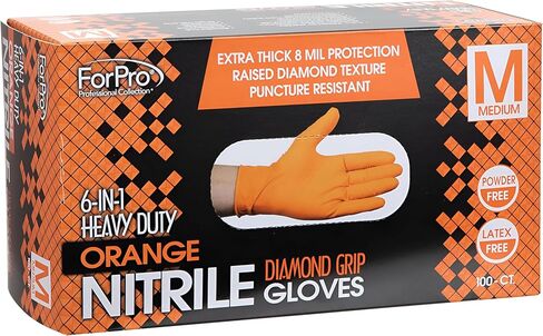 قفازات ForPro شديدة التحمل من النتريل للاستعمال مرة واحدة، برتقالية، 8 مل، درجة صناعية، مقبض ماسي مرتفع، خالية من اللاتكس، عدد 100 in Kuwait