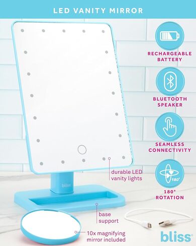 Bliss Makeup Mirror - Compact Mirror with Lights and Bluetooth Speakers - Rechargeable Durable Makeup Mirror, Light Blue in Saudi Arabia