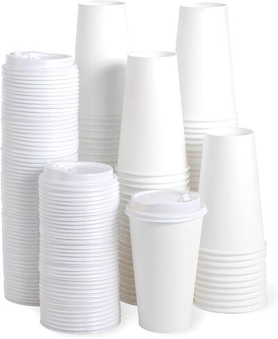 JOLLY PARTY [100 Pack] 12 oz Disposable Paper Coffee Cup with Lids, Hot/Cold Beverage Drinking Cup for Water, Juice, Coffee or Tea, Suitable for Home, Shops and Cafes in Saudi Arabia
