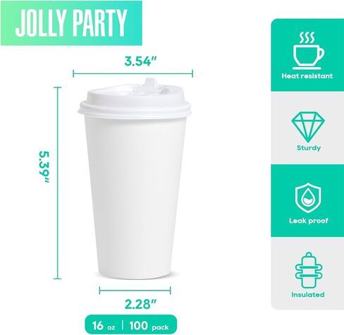 JOLLY PARTY [100 Pack] 12 oz Disposable Paper Coffee Cup with Lids, Hot/Cold Beverage Drinking Cup for Water, Juice, Coffee or Tea, Suitable for Home, Shops and Cafes in Saudi Arabia