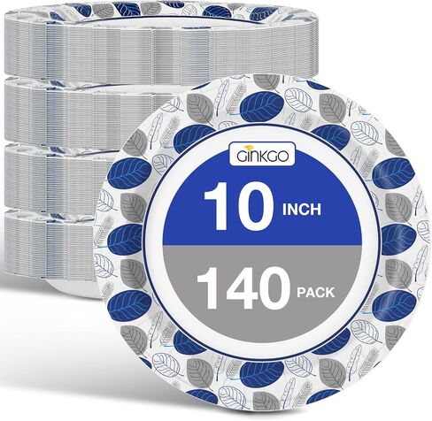 أطباق ورقية من جينكو مقاس 10 بوصات عدد 140، آمنة للاستخدام في الميكروويف، مقاومة للنقع، مقاومة للقطع، أطباق ورقية شديدة التحمل للاستعمال مرة واحدة للحفلات، الإفطار، الغداء، العشاء، والاستخدام اليومي - أكبر in Kuwait