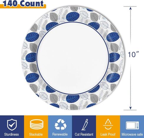 أطباق ورقية من جينكو مقاس 10 بوصات عدد 140، آمنة للاستخدام في الميكروويف، مقاومة للنقع، مقاومة للقطع، أطباق ورقية شديدة التحمل للاستعمال مرة واحدة للحفلات، الإفطار، الغداء، العشاء، والاستخدام اليومي - أكبر in Kuwait