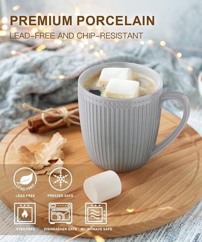 Coffee Mugs Set of 6, 16 Oz White Coffee Mugs, Porcelain Mugs, Large and Easy to Grip Mug Sets, Embossed Coffee Cup Set for Coffee, White in Saudi Arabia