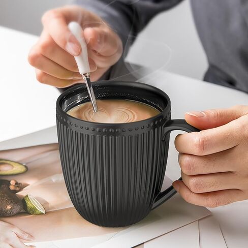 Coffee Mugs Set of 6, 16 Oz White Coffee Mugs, Porcelain Mugs, Large and Easy to Grip Mug Sets, Embossed Coffee Cup Set for Coffee, White in Saudi Arabia