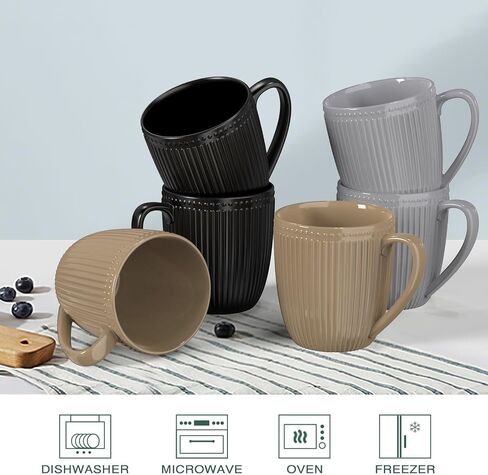 Coffee Mugs Set of 6, 16 Oz White Coffee Mugs, Porcelain Mugs, Large and Easy to Grip Mug Sets, Embossed Coffee Cup Set for Coffee, White in Saudi Arabia