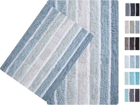 Ramanta Home Alpine Stripe Pure Cotton Bathroom Rug 2 Piece Set - Blue, Anti Slip Soft Absorbent Bathroom Mat Set for Bathroom, Kitchen, Washroom, Machine Washable - 21x32 & 17x24 Inch in Saudi Arabia