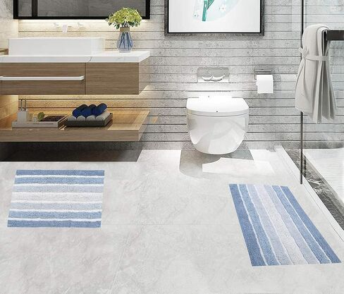 Ramanta Home Alpine Stripe Pure Cotton Bathroom Rug 2 Piece Set - Blue, Anti Slip Soft Absorbent Bathroom Mat Set for Bathroom, Kitchen, Washroom, Machine Washable - 21x32 & 17x24 Inch in Saudi Arabia