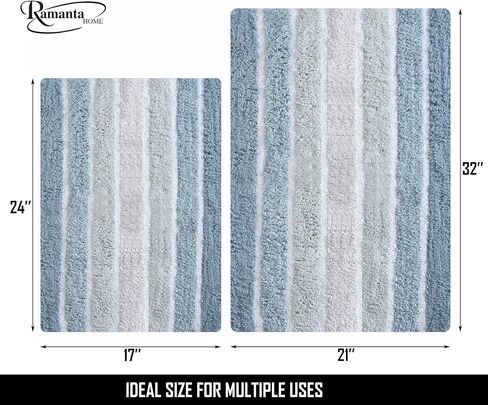 Ramanta Home Alpine Stripe Pure Cotton Bathroom Rug 2 Piece Set - Blue, Anti Slip Soft Absorbent Bathroom Mat Set for Bathroom, Kitchen, Washroom, Machine Washable - 21x32 & 17x24 Inch in Saudi Arabia