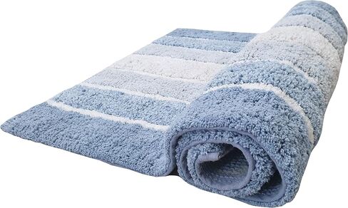 Ramanta Home Alpine Stripe Pure Cotton Bathroom Rug 2 Piece Set - Blue, Anti Slip Soft Absorbent Bathroom Mat Set for Bathroom, Kitchen, Washroom, Machine Washable - 21x32 & 17x24 Inch in Saudi Arabia