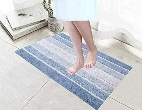 Ramanta Home Alpine Stripe Pure Cotton Bathroom Rug 2 Piece Set - Blue, Anti Slip Soft Absorbent Bathroom Mat Set for Bathroom, Kitchen, Washroom, Machine Washable - 21x32 & 17x24 Inch in Saudi Arabia