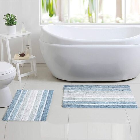 Ramanta Home Alpine Stripe Pure Cotton Bathroom Rug 2 Piece Set - Blue, Anti Slip Soft Absorbent Bathroom Mat Set for Bathroom, Kitchen, Washroom, Machine Washable - 21x32 & 17x24 Inch in Saudi Arabia