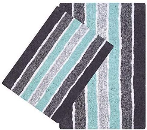 Ramanta Home Alpine Stripe Pure Cotton Bathroom Rug 2 Piece Set - Blue, Anti Slip Soft Absorbent Bathroom Mat Set for Bathroom, Kitchen, Washroom, Machine Washable - 21x32 & 17x24 Inch in Saudi Arabia