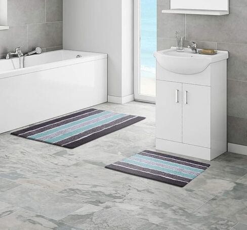 Ramanta Home Alpine Stripe Pure Cotton Bathroom Rug 2 Piece Set - Blue, Anti Slip Soft Absorbent Bathroom Mat Set for Bathroom, Kitchen, Washroom, Machine Washable - 21x32 & 17x24 Inch in Saudi Arabia