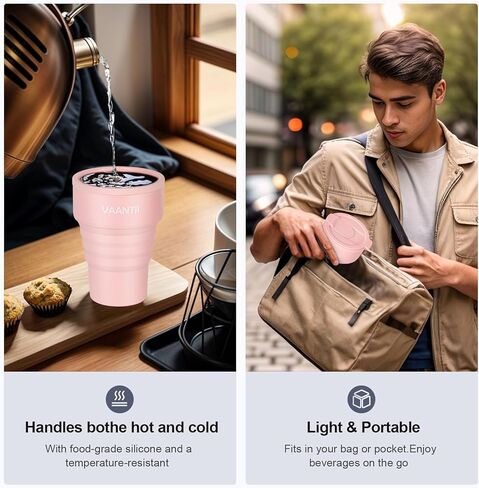 كوب سفر قابل للطي سعة 16 أونصة من VAANTJI للأنشطة الخارجية والداخلية والسفر والتخييم واليوجا ويحمل المشروبات الساخنة والباردة (أكسفورد-أزرق) in Kuwait