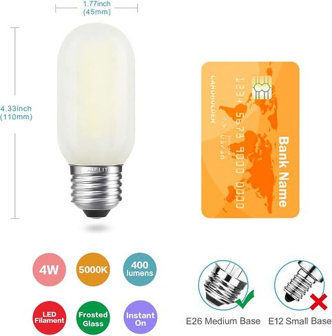 لمبة إضاءة LED متجمدة T10/T30 مكافئة 25 وات، أبيض دافئ 2700 كيلفن، 200 لومن، قاعدة قياسية E26، مصابيح أنبوبية LED قابلة للتعتيم بقدرة 2 وات، لمبة إديسون ذات الشعيرات الكلاسيكية للثريا المعلقة، 4 عبوات in Kuwait