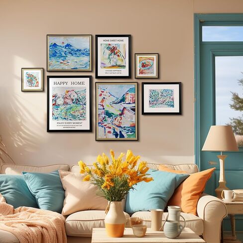 لوحة فنية جدارية مؤطرة من ArtbyHannah Gallery - مجموعة من 7 إطارات صور ماتيس ملونة لتزيين الحائط، مجموعة إطارات سوداء وذهبية لديكور غرفة المعيشة in Kuwait