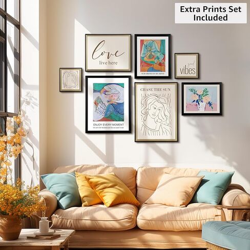 لوحة فنية جدارية مؤطرة من ArtbyHannah Gallery - مجموعة من 7 إطارات صور ماتيس ملونة لتزيين الحائط، مجموعة إطارات سوداء وذهبية لديكور غرفة المعيشة in Kuwait
