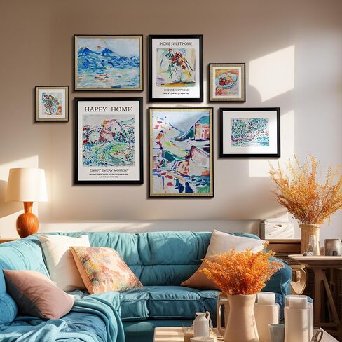 لوحة فنية جدارية مؤطرة من ArtbyHannah Gallery - مجموعة من 7 إطارات صور ماتيس ملونة لتزيين الحائط، مجموعة إطارات سوداء وذهبية لديكور غرفة المعيشة in Kuwait