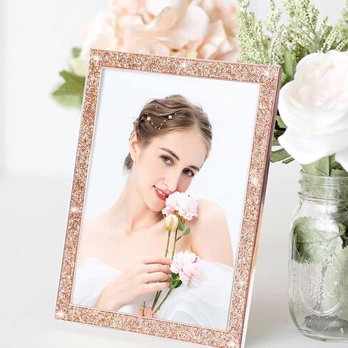 Glitter Picture Frames 8x10 Set of 2 Crystal Diamond Mirror Picture Frame, Metal Glass Wall Photo Frames for Wall or Desktop Display(Rosegold) in Saudi Arabia