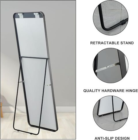 Natsukage 64"x21" Full Length Mirror Large Floor Mirror with Stand Wall Mirror Full Length Body Mirror Standing Hanging or Leaning Against Wall Bedroom Mirror Aluminum Alloy Frame Black-Round Corner in Saudi Arabia