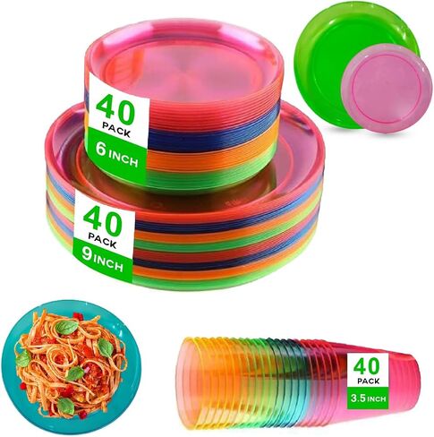 120PCS Neon Assorted Glow Party Supplies Serves 40 Guests | 40 9'' Neon Plates | 40 6" Colorful Plastic Plates | 40 10oz Neon Cups | Disposable Neon Birthday & Fiesta Party Decorations in Saudi Arabia