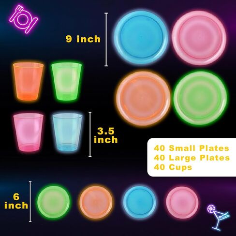 120PCS Neon Assorted Glow Party Supplies Serves 40 Guests | 40 9'' Neon Plates | 40 6" Colorful Plastic Plates | 40 10oz Neon Cups | Disposable Neon Birthday & Fiesta Party Decorations in Saudi Arabia