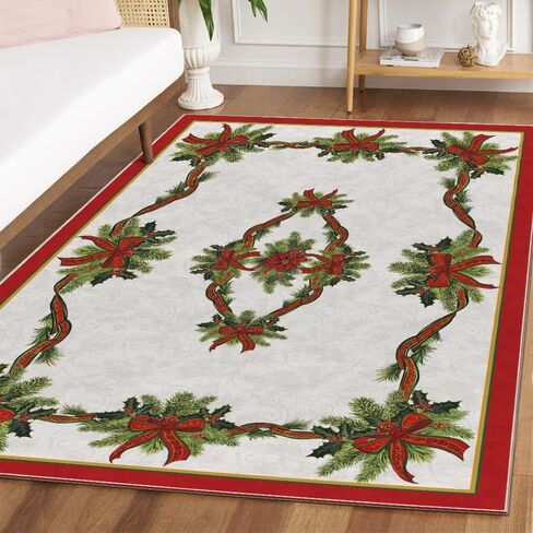 Artoid Mode Holly Ribbon Pines Christmas Area Rug, Xmas Winter Home Decor Low-Profile Washable Area Rugs for Entryway Bedroom Living Room Laundry Room Indoor 5x7 Feet in Saudi Arabia
