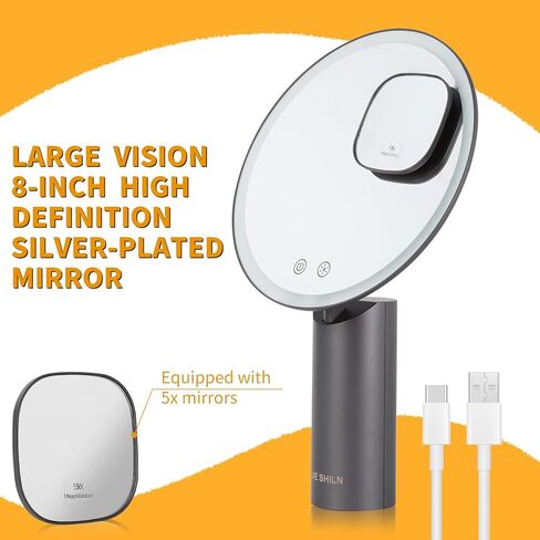 مرآة مكياج مقاس 8.9 بوصة مع 3 ألوان LED، شاشة تعمل باللمس، مرآة مكياج مكبرة 5 مرات، مع دوران 360 درجة، مرآة زينة قابلة لإعادة الشحن وقابلة لإعادة الشحن، للحمام أو غرفة النوم in Kuwait