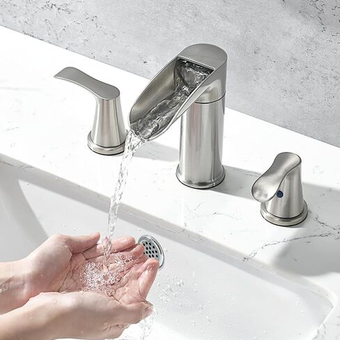 JONKEAN Brushed Nickel 8 Inch Widespread Bathroom Faucet, 2 Handle Waterfall Faucet for Bathroom Sink, Bathroom Faucets for Sink 3 Hole, 360° Swivel Vanity Faucet with Pop-up Drain in Saudi Arabia
