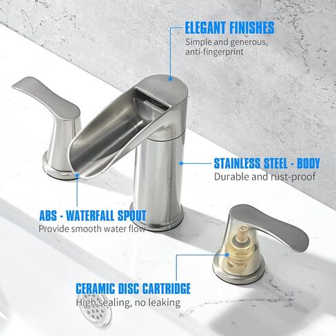 JONKEAN Brushed Nickel 8 Inch Widespread Bathroom Faucet, 2 Handle Waterfall Faucet for Bathroom Sink, Bathroom Faucets for Sink 3 Hole, 360° Swivel Vanity Faucet with Pop-up Drain in Saudi Arabia