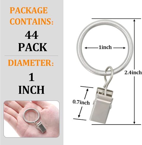 44 Pack Metal Curtain Rings with Clips, Drapery Clips with Rings, Drapes Rings 1 in Interior Diameter, Curtain Hangers Clips, Matte Silver in Saudi Arabia