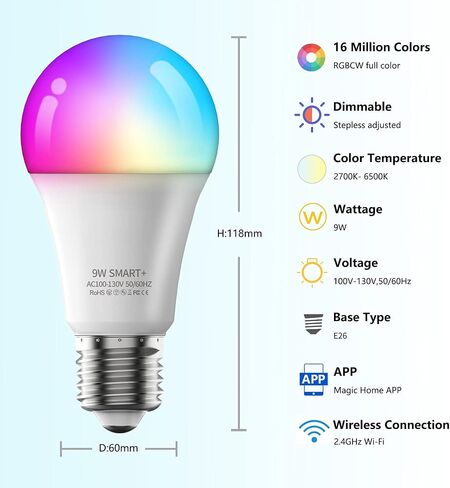 1 PC Smart LED light Bulbs, A19 E26 800LM 2700K-6500K Color Changing LED Light Bulb, WiFi & Bluetooth 5.0, Warm to Cool White, Dimmable & RGB Smart Home Lighting Works with Alexa Google Assistant (1) in Saudi Arabia