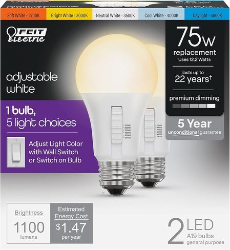 Feit Electric A19 LED Light Bulb, 75W Equivalent, Dimmable, Color Selectable 6-Way, E26 Medium Base, 90 CRI, 1100 Lumens, Damp Rated Standard Bulb, 22-Year Lifetime, OM75DM/6WYCA/2, 2 Pack in Saudi Arabia