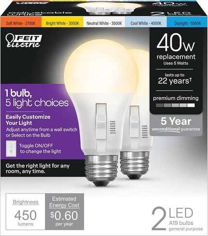 لمبة إضاءة LED A19 كهربائية من Feit، ما يعادل 75 وات، قابلة للتعتيم، يمكن اختيار اللون في 6 اتجاهات، قاعدة متوسطة E26، 90 CRI، 1100 لومن، لمبة قياسية مصنفة رطبة، عمر 22 عامًا، OM75DM/6WYCA/2، عبوتان in Saudi Arabia