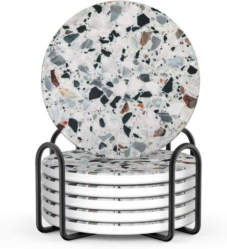 LIFVER Coasters for Drinks, Absorbent Coasters with Holder, Coasters Set of 6, Avoid Furniture Being Scratched, Funny Housewarming Gift for Home Decor and Kitchen, 4 inches, Granite-Style in Kuwait