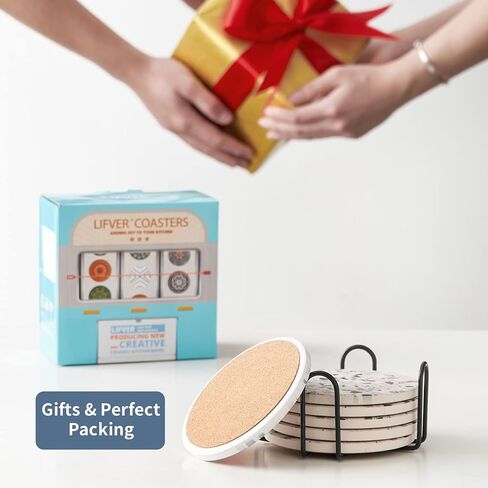LIFVER Coasters for Drinks, Absorbent Coasters with Holder, Coasters Set of 6, Avoid Furniture Being Scratched, Funny Housewarming Gift for Home Decor and Kitchen, 4 inches, Granite-Style in Kuwait