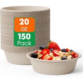 ECOLipak 20 OZ 150 Count Paper Bowls, Disposable Compostable Large Soup Bowl, Heavy Duty Bagasse Bowls for Family Lunch, Dinner Meals, Camping, Party