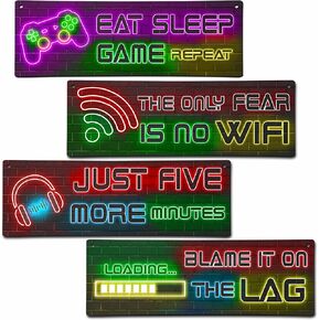 OXRUN 4pcs Neon Gaming Decor for Boys Room, Wooden Video Game Wall Art, Gamer Hanging Plaques for Teen Room Bedroom Playroom Decorations - A03